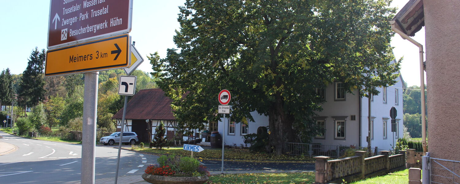 Straßenkreuzung mit Richtungswegweisern, im Hintergrund große 1000-jährige Linde