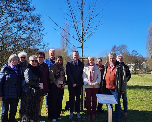 Personengruppe steht vor dem Freundschaftsbaum von Melsungen und Bad Liebenstein im Bad Liebensteiner Neuen Kurpark